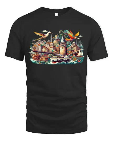 Whimsical Istanbul Cityscape Travel Art Graphic Tshirt Dreamy Style - black t-shirt on white background