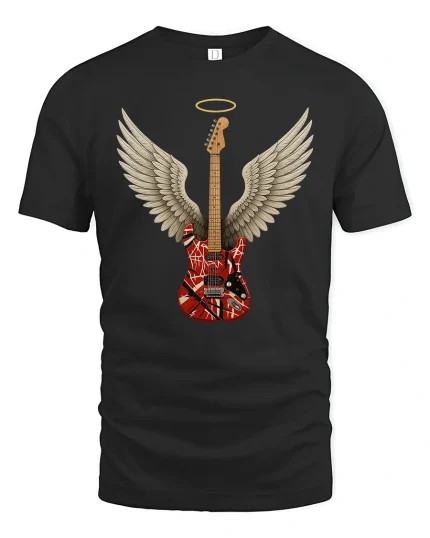 Angel Wing Electric Guitar Rock Art Graphic Tshirt Sacred Sound - black t-shirt on white background