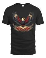 Majestic Bald Eagle Wings Floral Art Freedom Graphic Tshirt - black t-shirt on white background