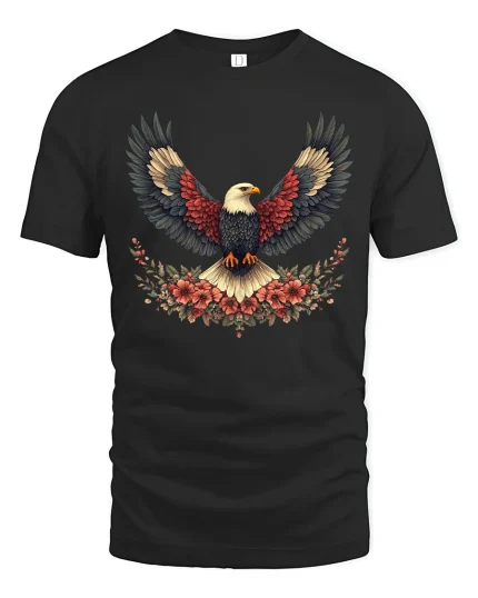 Majestic Bald Eagle Wings Floral Art Freedom Graphic Tshirt - black t-shirt on white background
