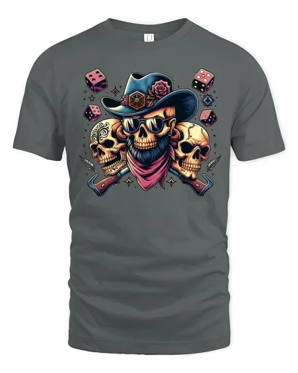Outlaw Skull Cowboy Dice Graphic Tshirt Bold Western Style - gray t-shirt on white background