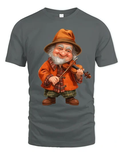 Cheerful Old Fiddler Cartoon Music Graphic Tshirt Cozy Folk Style - gray t-shirt on white background