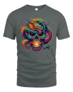 Fiery Dragon Skull Fantasy Graphic Tshirt Bold Mythic Art - gray t-shirt on white background