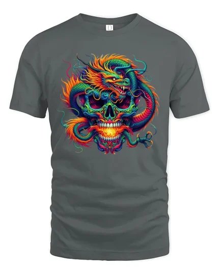 Fiery Dragon Skull Fantasy Graphic Tshirt Bold Mythic Art - gray t-shirt on white background
