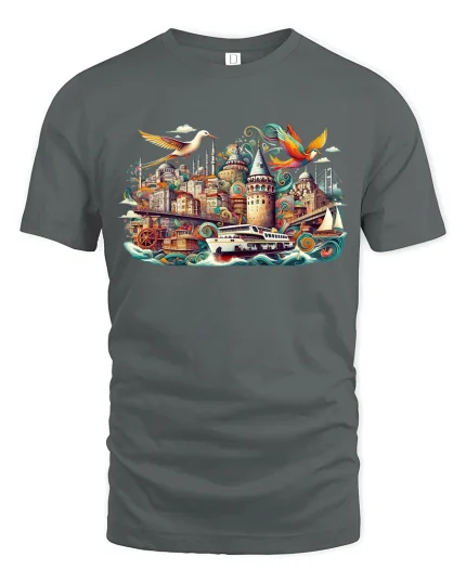 Whimsical Istanbul Cityscape Travel Art Graphic Tshirt Dreamy Style - gray t-shirt on white background