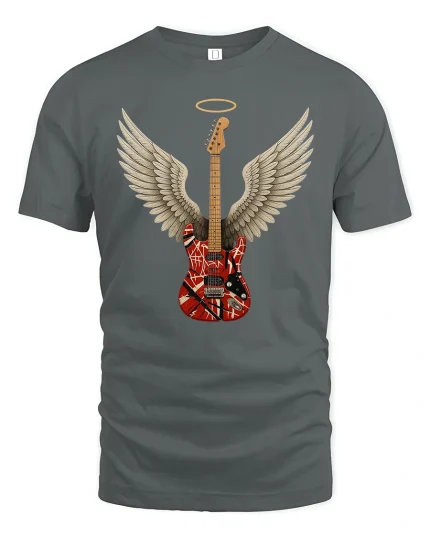 Angel Wing Electric Guitar Rock Art Graphic Tshirt Sacred Sound - gray t-shirt on white background