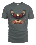 Majestic Bald Eagle Wings Floral Art Freedom Graphic Tshirt - gray t-shirt on white background