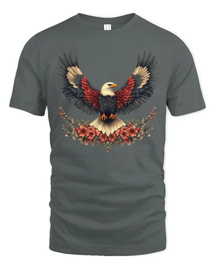 Majestic Bald Eagle Wings Floral Art Freedom Graphic Tshirt - gray t-shirt on white background