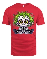 Cute Spooky Green Hair Monster Doll Cartoon Graphic Tshirt - red t-shirt on white background