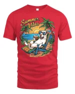 Summer Vibes Relaxed Beach Dog Graphic Tshirt With Tropical Fun - red t-shirt on white background