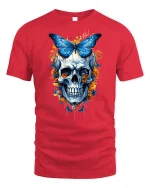 Blue Butterfly Skull Floral Art Graphic Tshirt Dark Fantasy Style - red t-shirt on white background