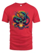 Fiery Dragon Skull Fantasy Graphic Tshirt Bold Mythic Art - red t-shirt on white background