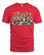 Whimsical Istanbul Cityscape Travel Art Graphic Tshirt Dreamy Style - red t-shirt on white background