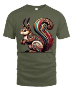 Colorful Tribal Squirrel Art Nature Inspired Graphic Tshirt - military green t-shirt on white background