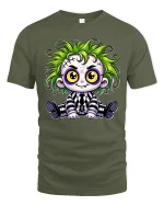 Cute Spooky Green Hair Monster Doll Cartoon Graphic Tshirt - military green t-shirt on white background