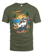 Summer Vibes Relaxed Beach Dog Graphic Tshirt With Tropical Fun - military green t-shirt on white background