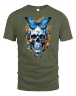 Blue Butterfly Skull Floral Art Graphic Tshirt Dark Fantasy Style - military green t-shirt on white background