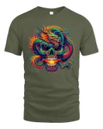 Fiery Dragon Skull Fantasy Graphic Tshirt Bold Mythic Art - military green t-shirt on white background