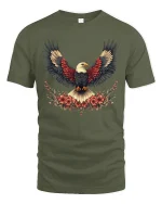 Majestic Bald Eagle Wings Floral Art Freedom Graphic Tshirt - military green t-shirt on white background