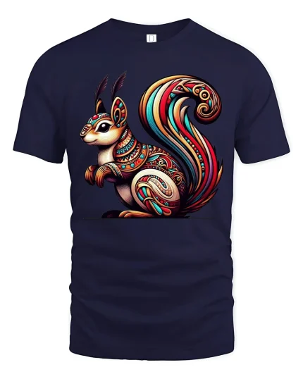 Colorful Tribal Squirrel Art Nature Inspired Graphic Tshirt - navy t-shirt on white background