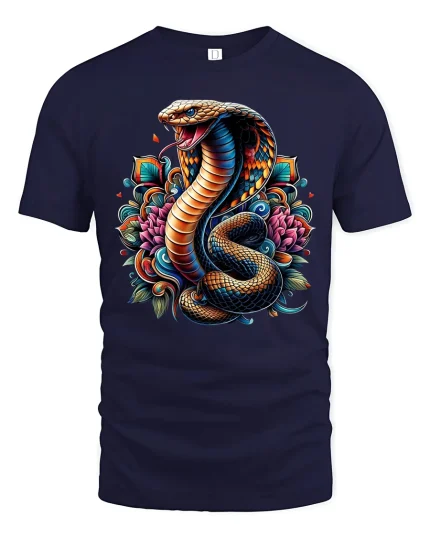 Fierce Floral Cobra Art Graphic Tshirt With Bold Serpent Energy - navy t-shirt on white background