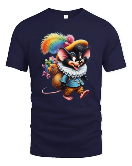 Whimsical Traveling Mouse Illustration Graphic Tshirt With Joyful Charm - navy t-shirt on white background