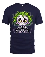 Cute Spooky Green Hair Monster Doll Cartoon Graphic Tshirt - navy t-shirt on white background