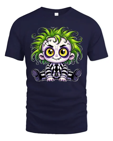 Cute Spooky Green Hair Monster Doll Cartoon Graphic Tshirt - navy t-shirt on white background