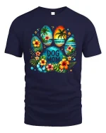 Tropical Dog Mom Paw Print Floral Beach Art Graphic Tshirt - navy t-shirt on white background