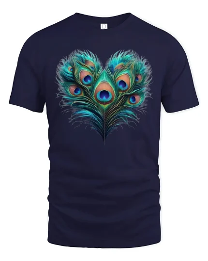 Peacock Feather Heart Art Spiritual Beauty Graphic Tshirt - navy t-shirt on white background