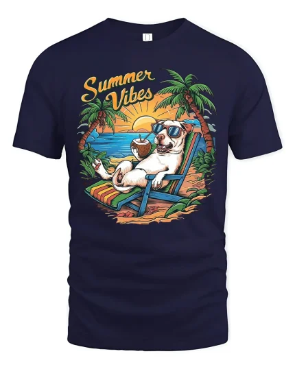 Summer Vibes Relaxed Beach Dog Graphic Tshirt With Tropical Fun - navy t-shirt on white background