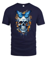 Blue Butterfly Skull Floral Art Graphic Tshirt Dark Fantasy Style - navy t-shirt on white background
