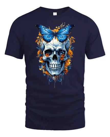 Blue Butterfly Skull Floral Art Graphic Tshirt Dark Fantasy Style - navy t-shirt on white background