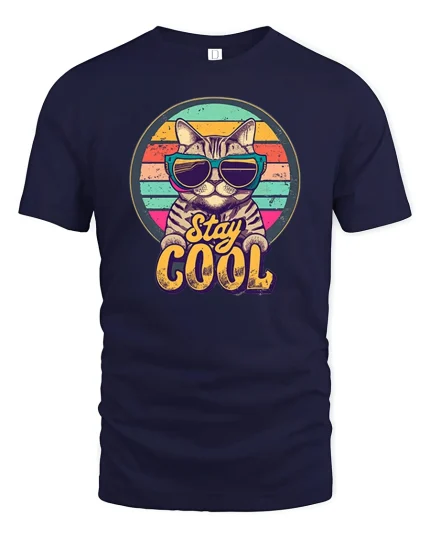 Stay Cool Retro Cat With Sunglasses Graphic Tshirt Vintage Style - navy t-shirt on white background