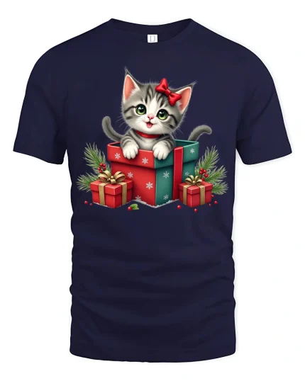 Cute Christmas Kitten Gift Box Graphic Tshirt Holiday Cheer - navy t-shirt on white background