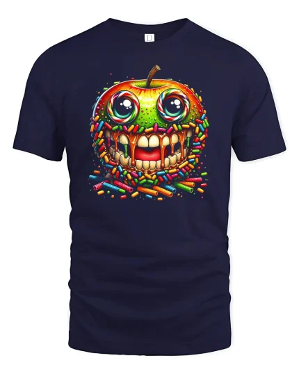 Candy Sprinkle Apple Skull Graphic Tshirt Bold Fun Art Style - navy t-shirt on white background