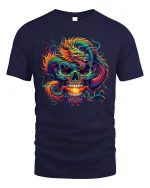Fiery Dragon Skull Fantasy Graphic Tshirt Bold Mythic Art - navy t-shirt on white background
