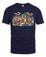 Whimsical Istanbul Cityscape Travel Art Graphic Tshirt Dreamy Style - navy t-shirt on white background