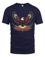 Majestic Bald Eagle Wings Floral Art Freedom Graphic Tshirt - navy t-shirt on white background
