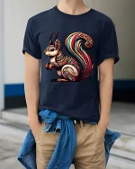 Colorful Tribal Squirrel Art Nature Inspired Graphic Tshirt - model wearing navy tee with hands in pockets