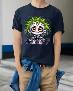 Cute Spooky Green Hair Monster Doll Cartoon Graphic Tshirt - model wearing navy tee with hands in pockets