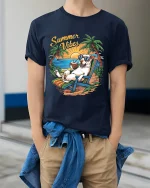 Summer Vibes Relaxed Beach Dog Graphic Tshirt With Tropical Fun - model wearing navy tee with hands in pockets
