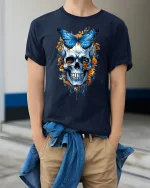 Blue Butterfly Skull Floral Art Graphic Tshirt Dark Fantasy Style - model wearing navy tee with hands in pockets