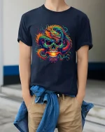 Fiery Dragon Skull Fantasy Graphic Tshirt Bold Mythic Art - model wearing navy tee with hands in pockets