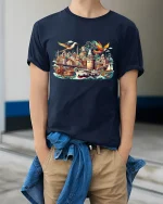 Whimsical Istanbul Cityscape Travel Art Graphic Tshirt Dreamy Style - model wearing navy tee with hands in pockets