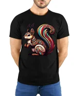 Colorful Tribal Squirrel Art Nature Inspired Graphic Tshirt - model wearing black tee with hands behind back