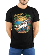 Summer Vibes Relaxed Beach Dog Graphic Tshirt With Tropical Fun - model wearing black tee with hands behind back