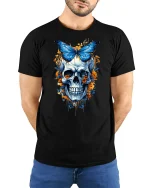 Blue Butterfly Skull Floral Art Graphic Tshirt Dark Fantasy Style - model wearing black tee with hands behind back