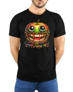 Candy Sprinkle Apple Skull Graphic Tshirt Bold Fun Art Style - model wearing black tee with hands behind back