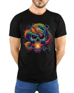 Fiery Dragon Skull Fantasy Graphic Tshirt Bold Mythic Art - model wearing black tee with hands behind back